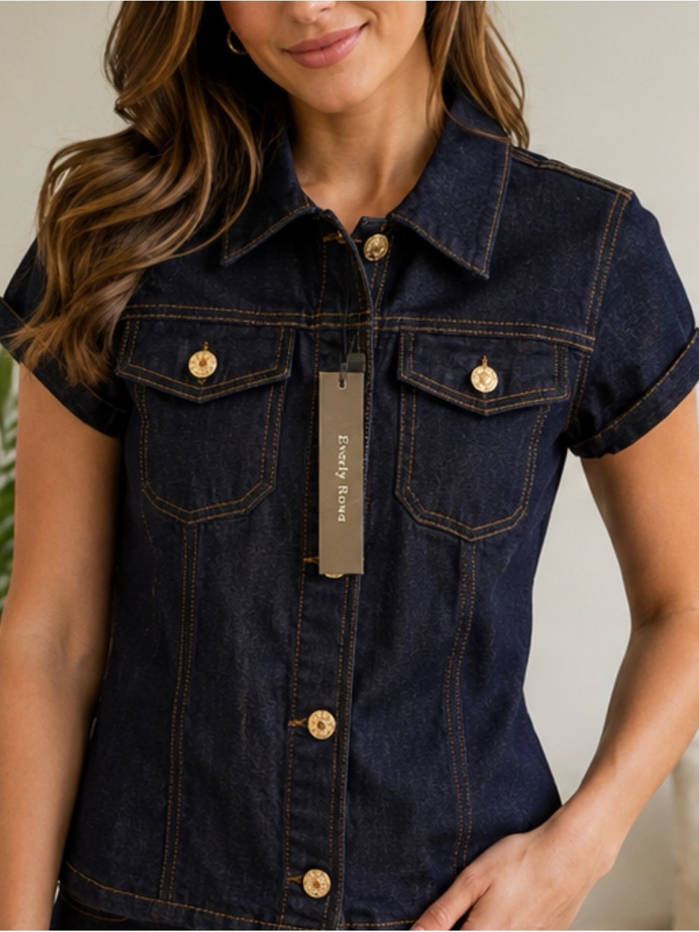 Women's Short-Sleeve Dark Indigo Denim Button-Down Shirt